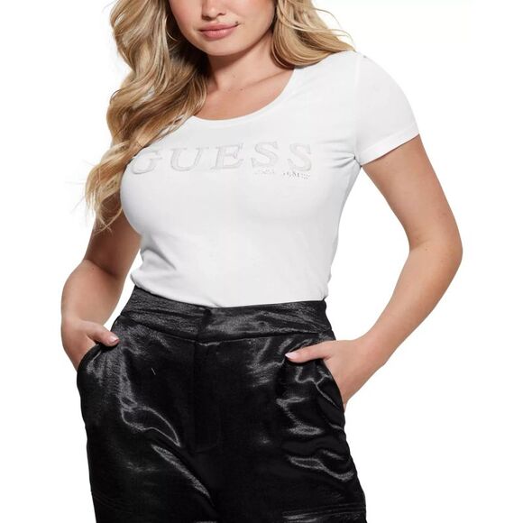 GUESS Women's Top Sz L Embellished Logo Crewneck Short-Sleeve - Picture 1 of 3